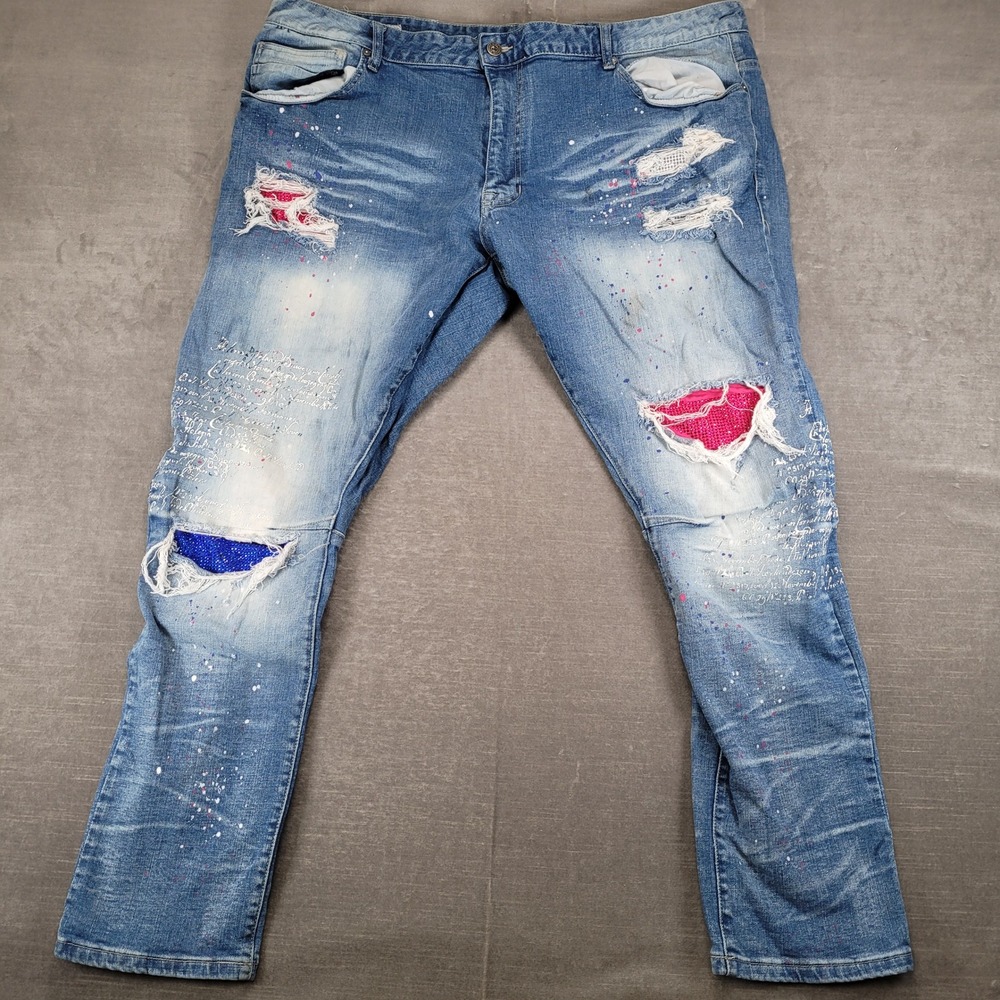 Smoke Rise Mens Distressed Paint‎ Splatter Rhinestone Script Jeans Blue 43x33
